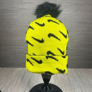 Nike Beanie Hat Bright Yellow Black Swoosh Detachable3.99 Pom Pom Winter Warm